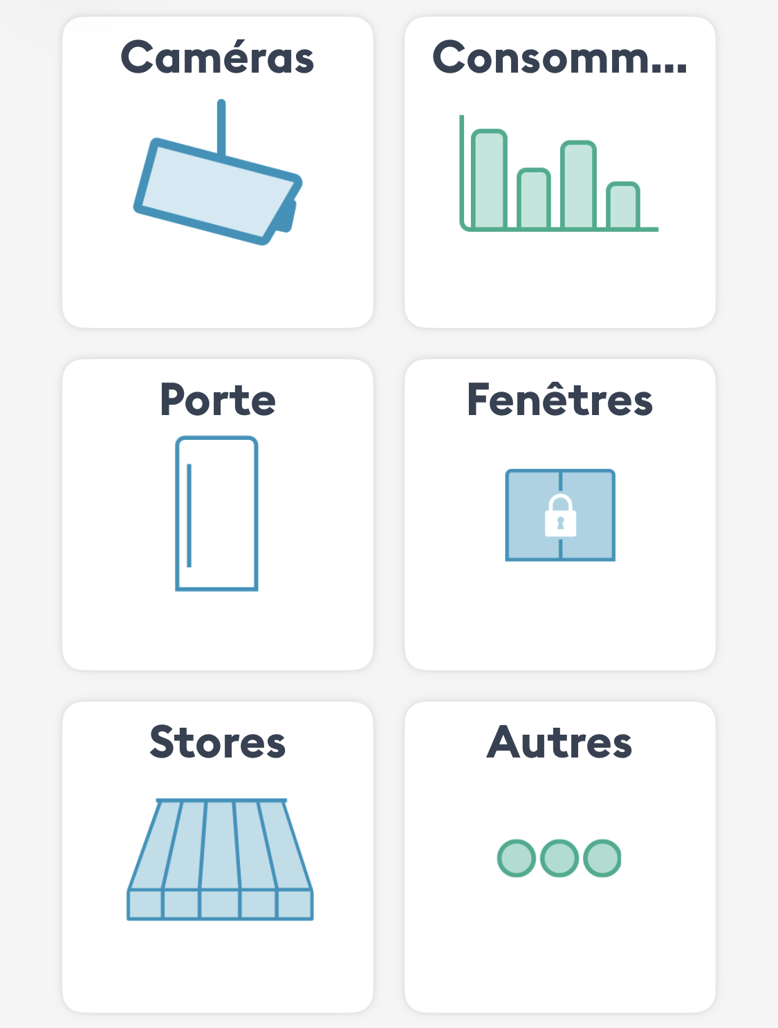 Application Tydom Delta Dore, catégories d'équipements : caméras, consommation, porte, fenêtres, stores